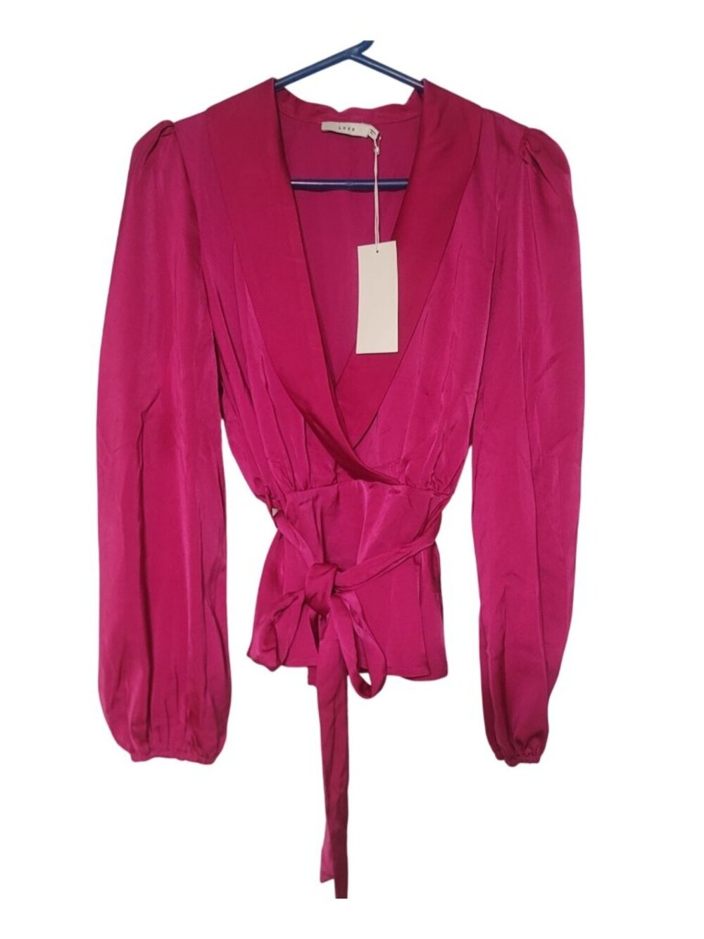 Lush Size M Hot Pink Long-Sleeve Faux Wrap Satin Top Peplum Tie Waist New